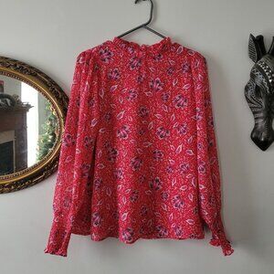 Joie Red Floral Long Sleeve Blouse | XS | Smocked Cuffs | Lightweight